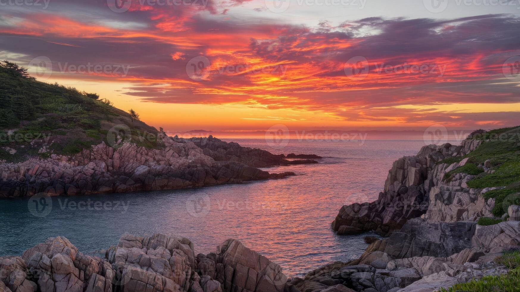 A beautiful sunset over the ocean with rocks and rocks photo