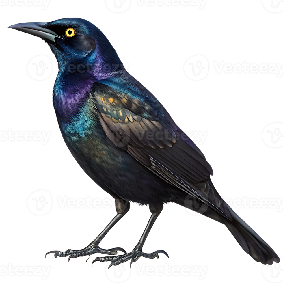 A black and purple bird with yellow eyes png