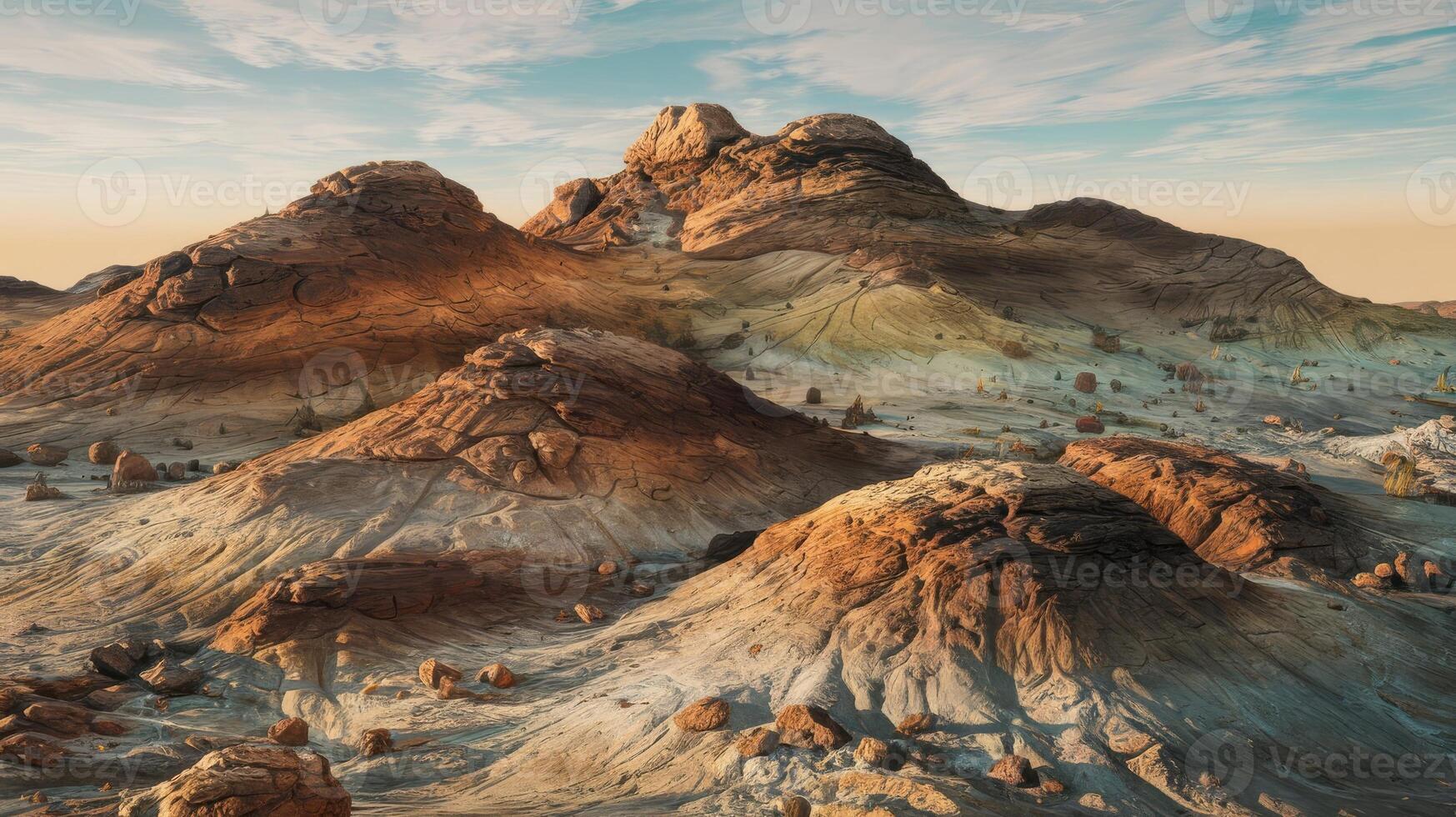 A desert landscape with mountains and rocks photo