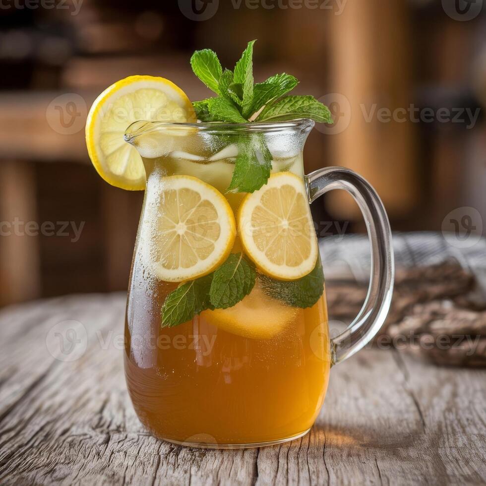 A pitcher of tea with lemon slices and mint leaves photo