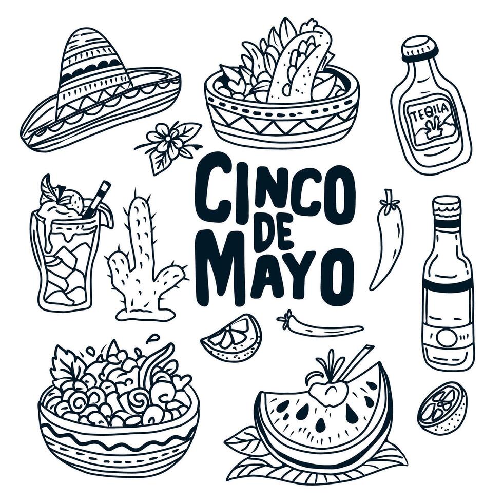 Hand drawn set of Sinco de Mayo illustrations. Tequila, sombrero, cactus, quesadilla, lettering Cinco de Mayo. vector