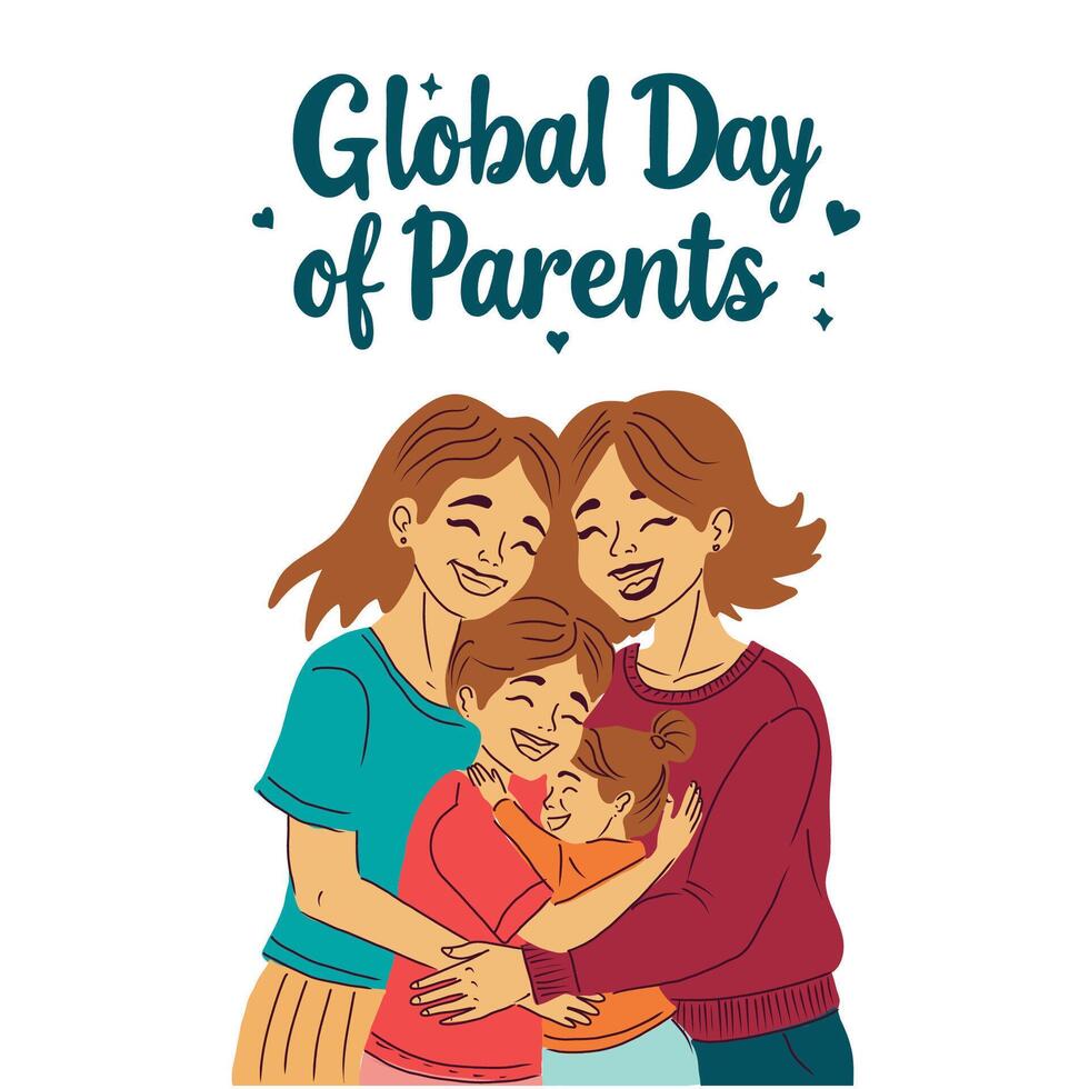 Global Day of Parents Lettering design. Hand drawngreeting card with happy smiling parents and children. vector