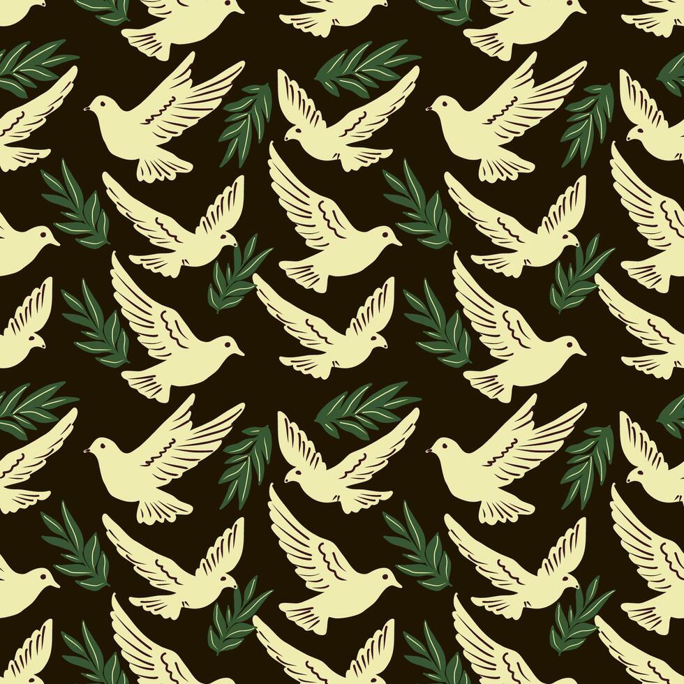Seamless pattern with white pigeons carryng an olive branch, symbol of peace. on black background vector