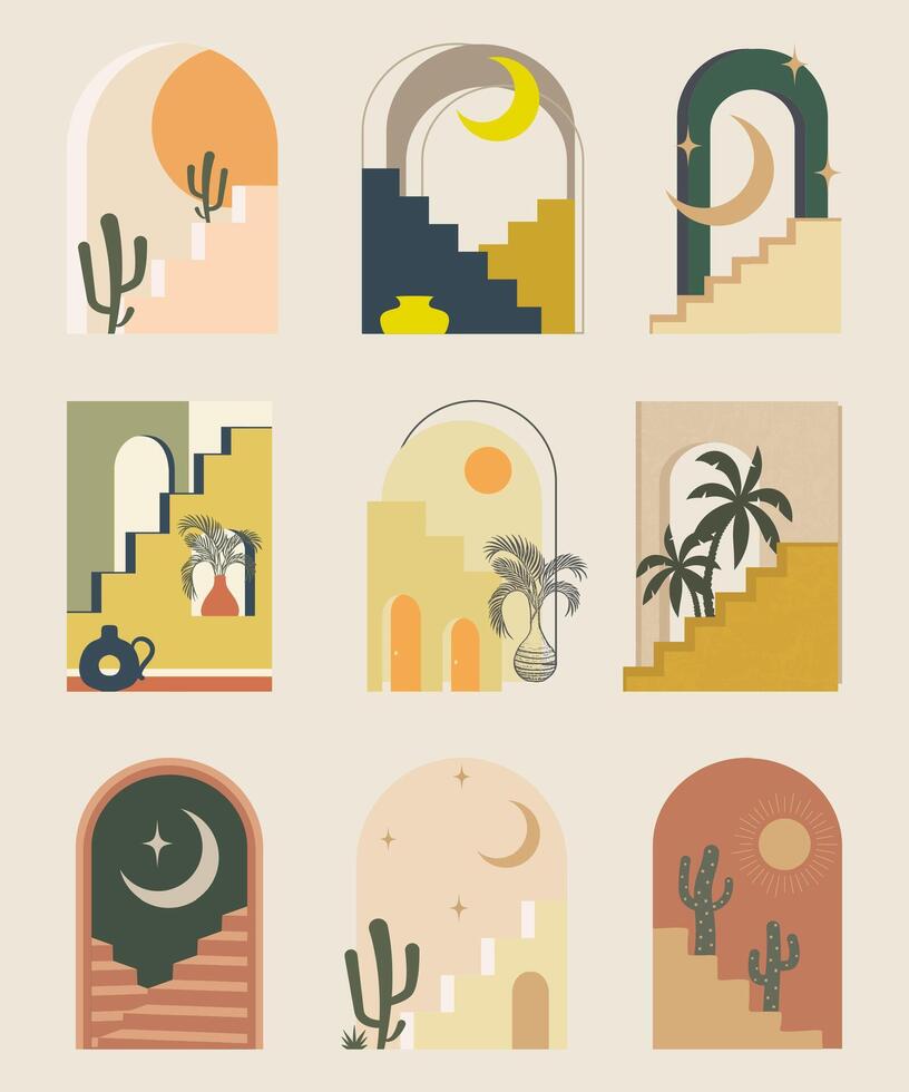 Moroccan architecture decorative elements. Morocco buildings, arched gates, walls collection. Ancient Arab vector