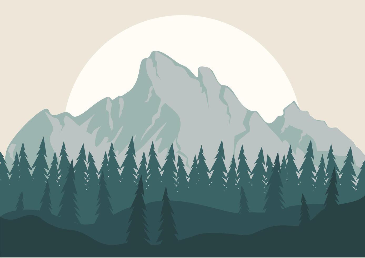 View on morning mountains with sunrise poster print. Aesthetic minimalist fog flat pine tree forest vector