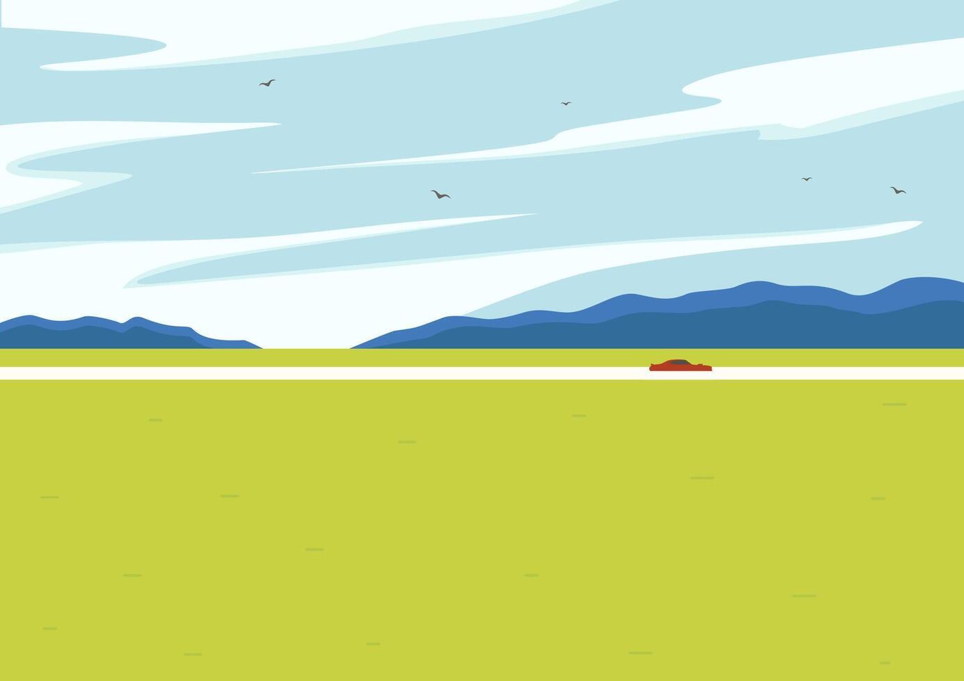 Green meadow landscape scene illustration. Rural fields with road and driving car. Alpine field vector