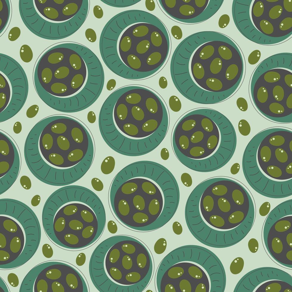 Seamless pattern with green olives. Natural vegetable background illustration for organic cooking ingredient vector