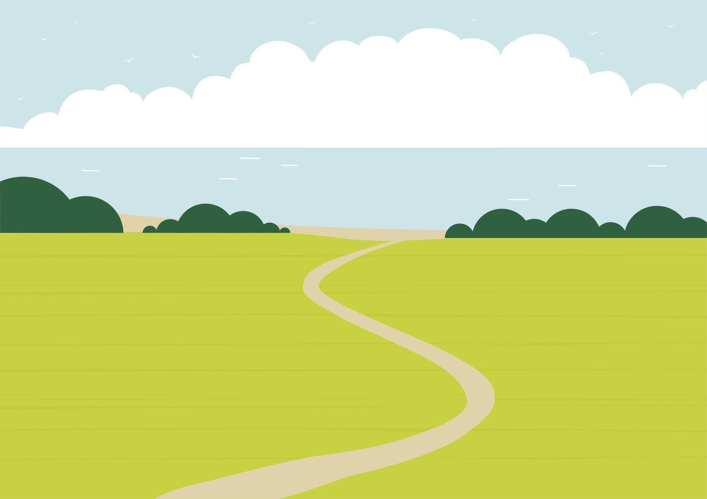 Countryside landscape scene with green wheat fields. Skyline with clouds farmland flat cartoon style vector