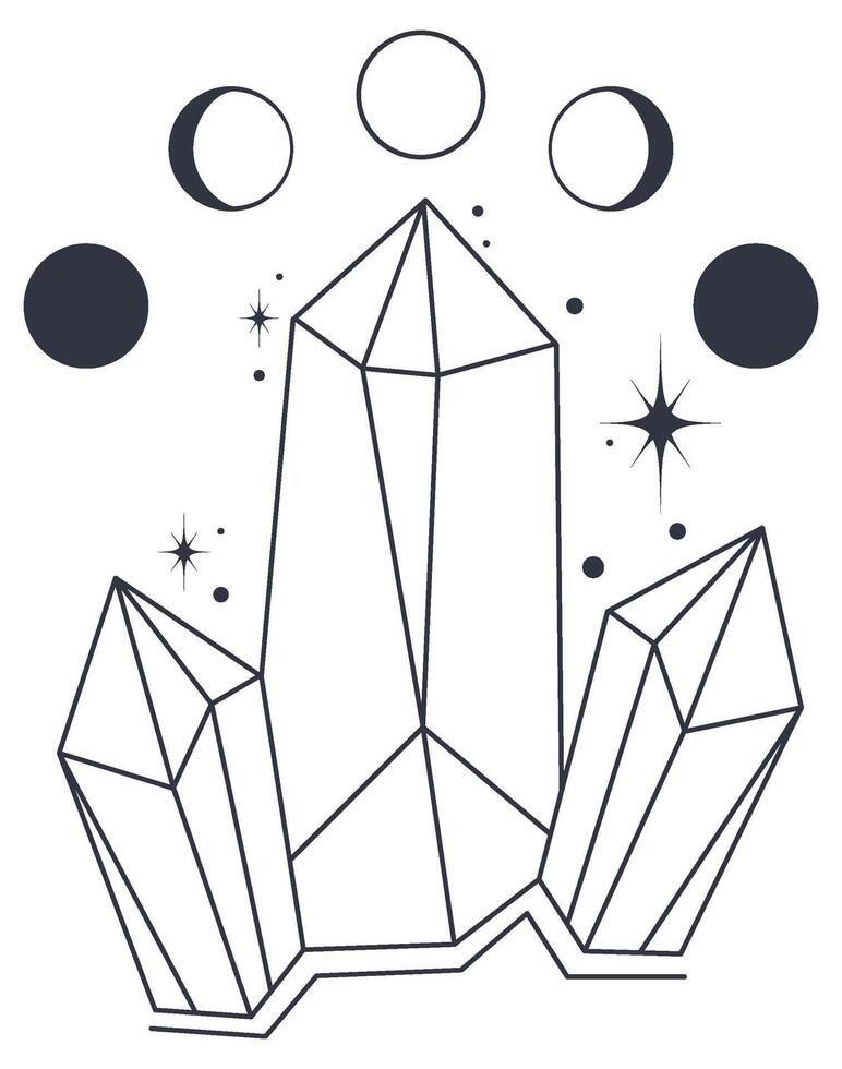 Bohemian linear logo icon and symbol. Line art healing crystal and moon concept of esoteric elements vector