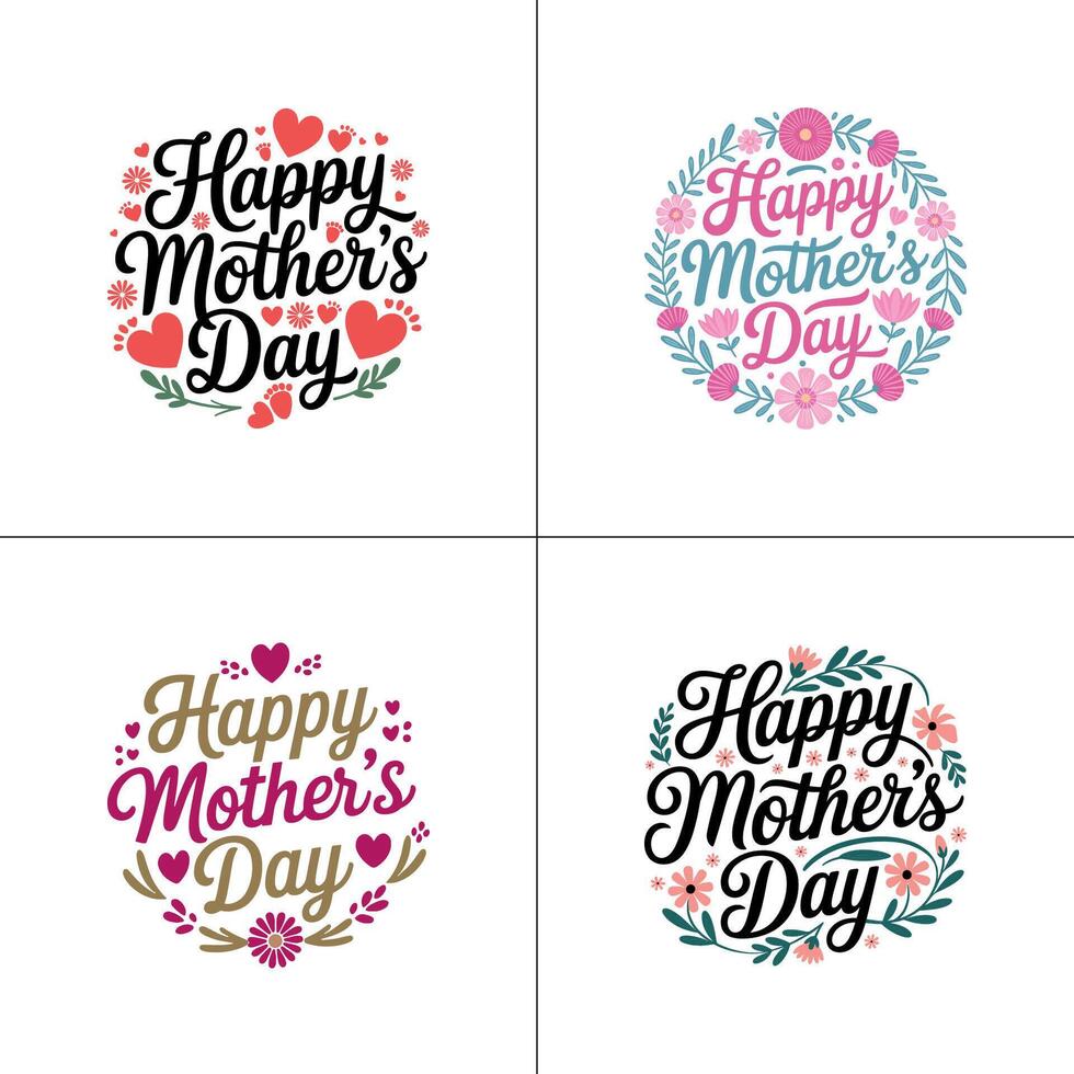 Unique Happy Mother's Day Illustrations with Floral Elements, Happy Mother's Day Typography Set on White Background vector
