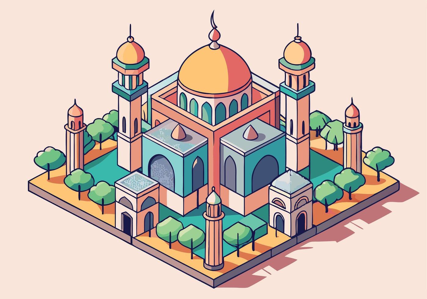 Isometric Mosque Illustration Architectural Design, Islamic Art, Golden Dome, Minarets, Trees vector