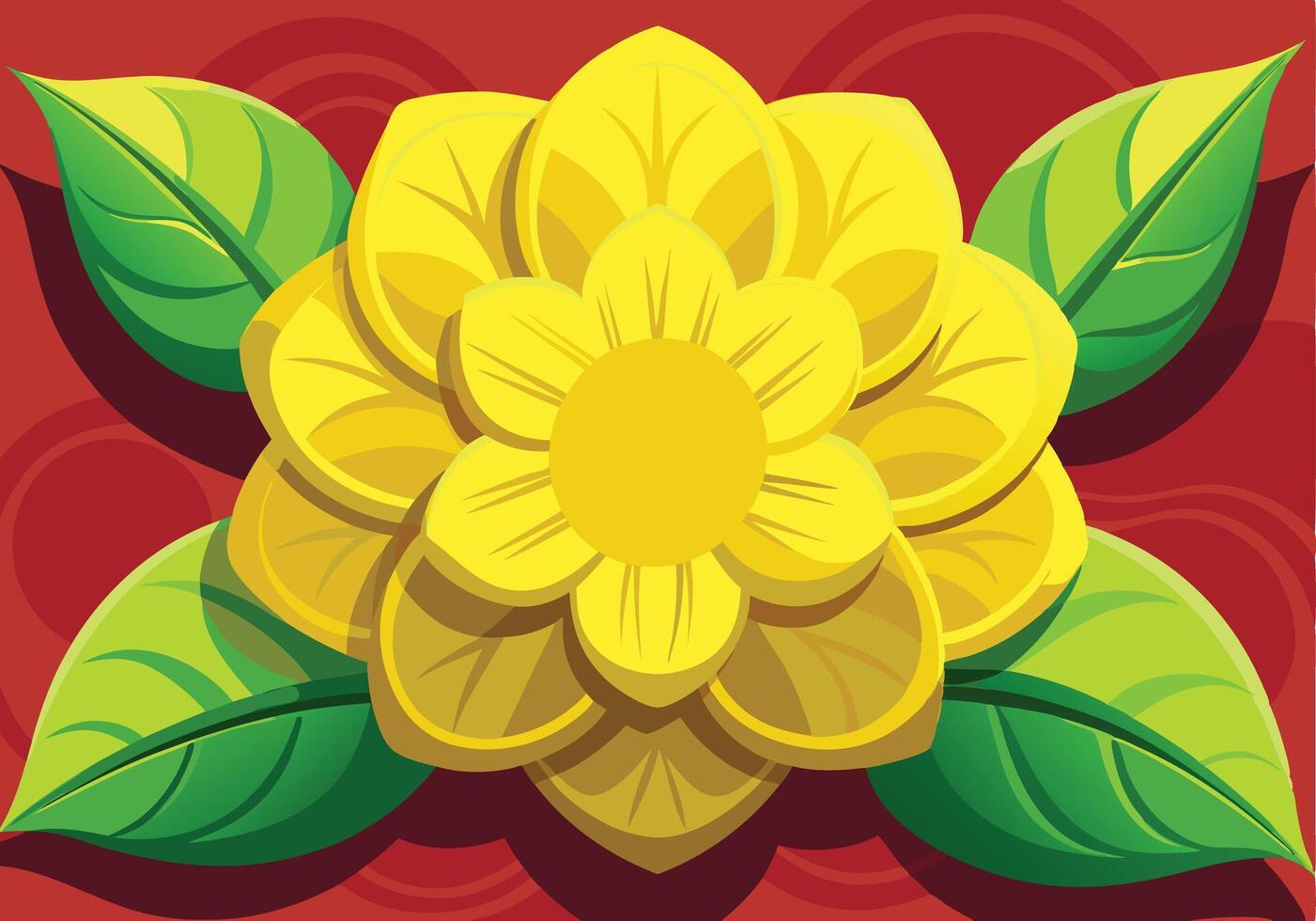 Yellow Flower with Green Leaves, Red Background, Floral Design vector