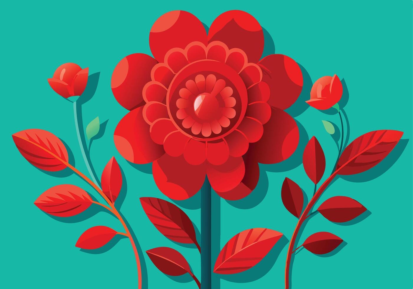 Red Flower Illustration Teal Background, Botanical Design, Floral Art vector