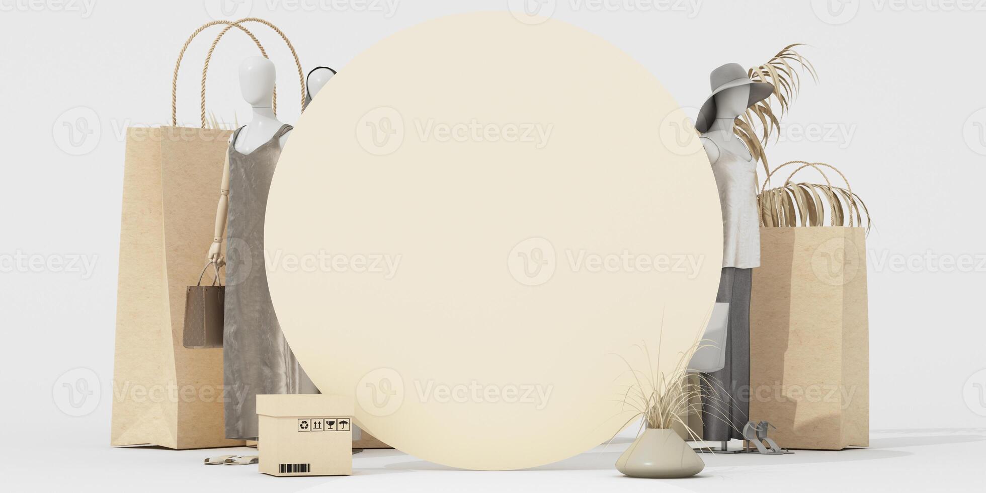 Minimalist fashion scene with mannequins dressed in neutral outfits, complemented by large paper shopping bags and dried plants, promoting sustainability. 3d rendering. photo