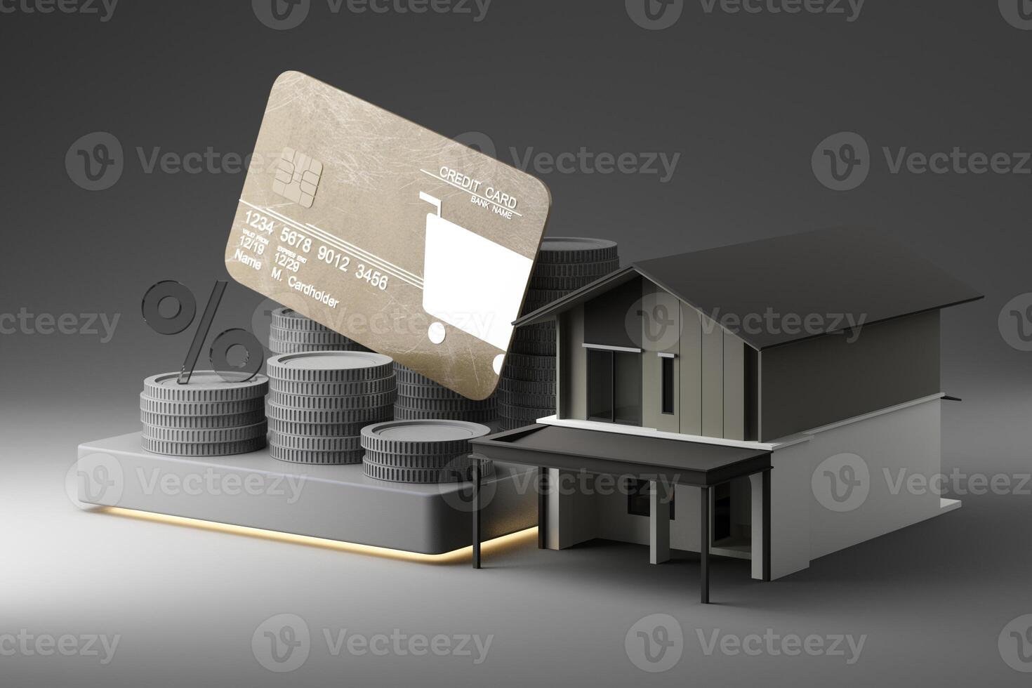 A house, stacks of coins, a credit card, and percentage signs illustrate financial management, debt, and digital banking in real estate. 3d rendering. photo