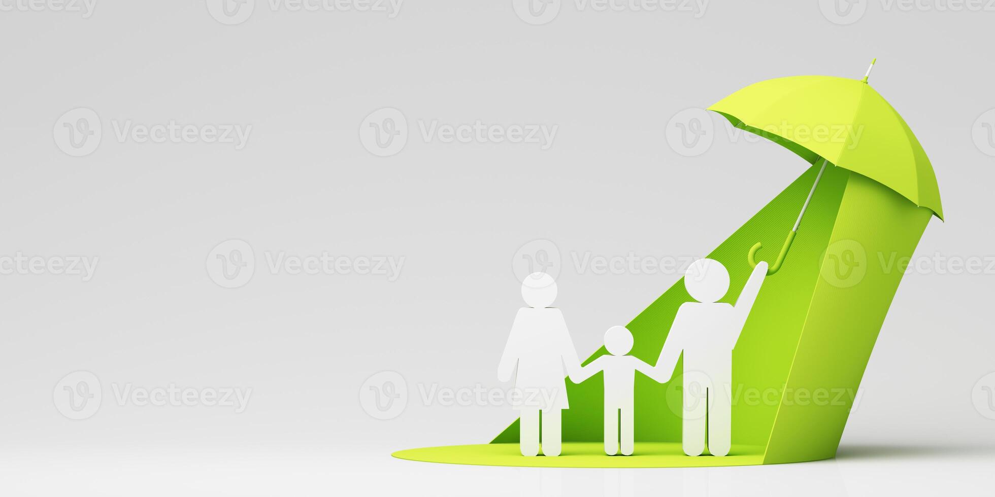 A white family figure standing on a green surface holding an umbrella as financial support rises, symbolizing security and economic growth. 3d rendering. photo