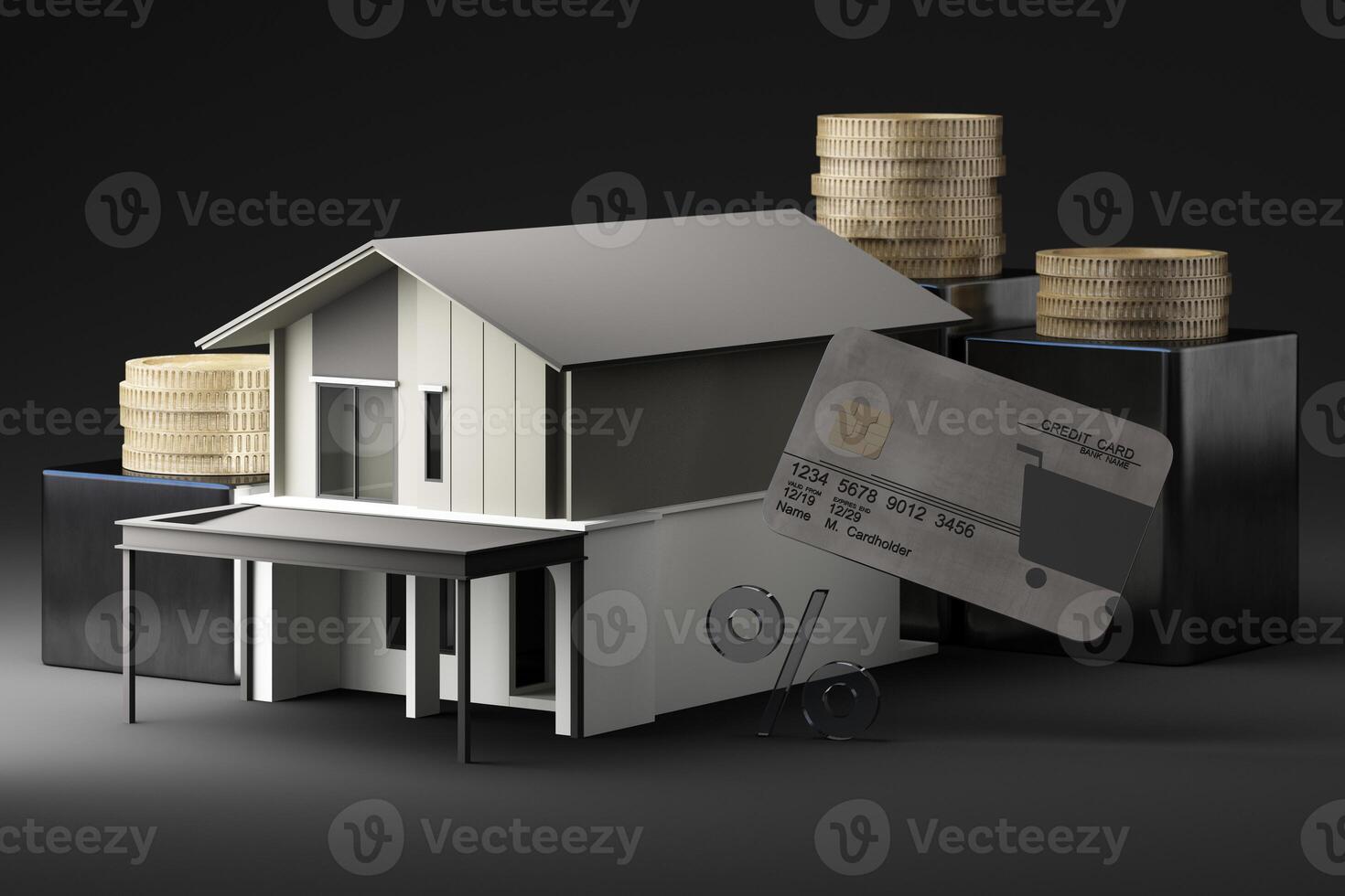 A house with coins, a credit card, and percentage symbols, depicting mortgage loans, home financing, and interest rates in the financial sector. 3d rendering. photo