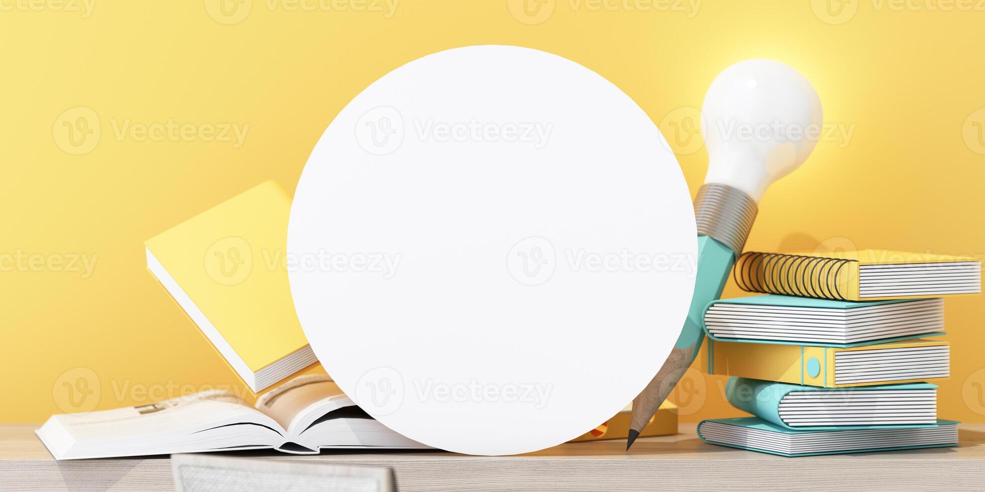 A bright light bulb rests among stacked books with yellow and blue tones, symbolizing knowledge, studying, and inspiration in a creative workspace. 3d rendering. photo