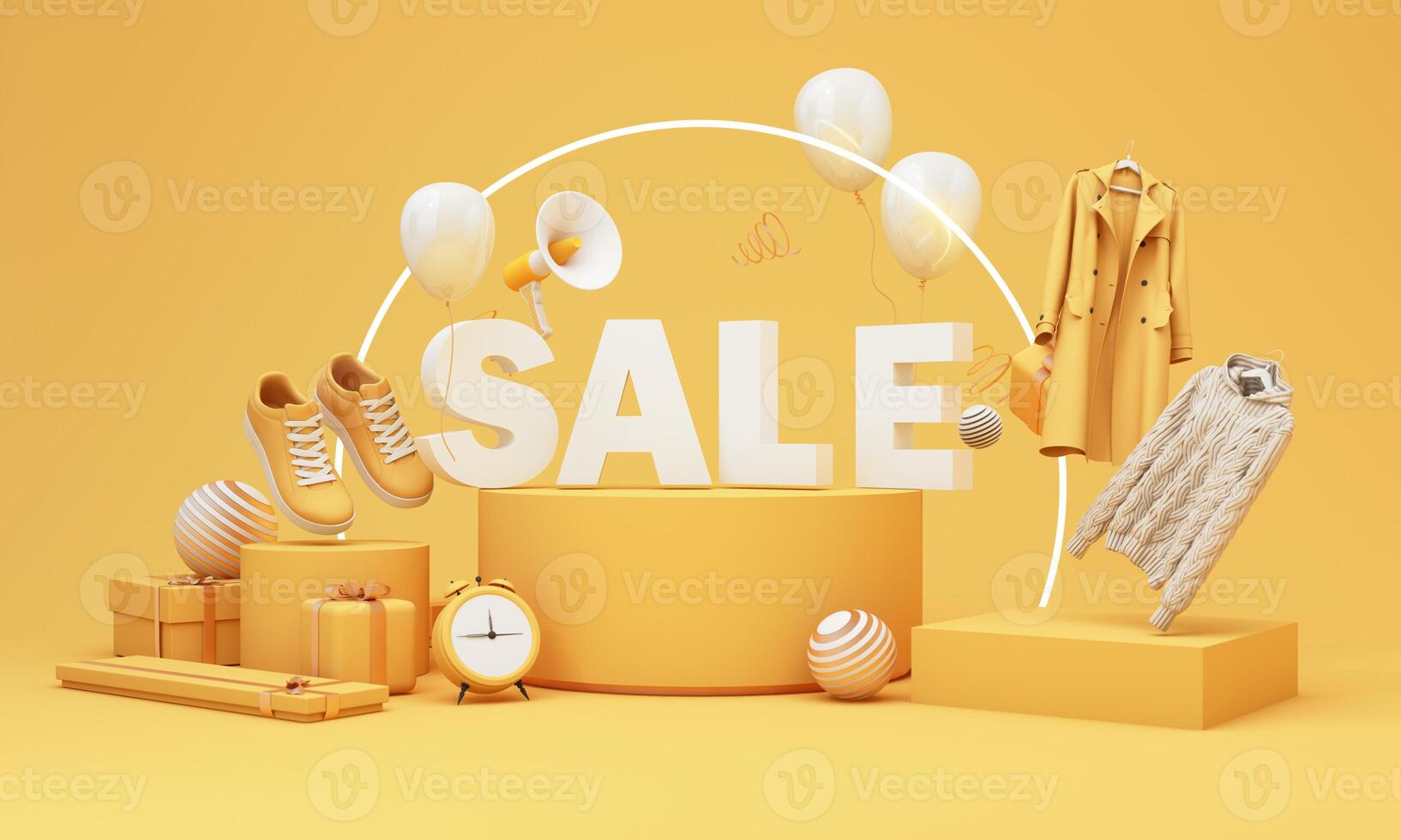 Minimalist sale concept with bright yellow tones, featuring elegant fashion items and floating elements. Perfect for showcasing seasonal promotions and stylish shopping deals. 3d rendering photo