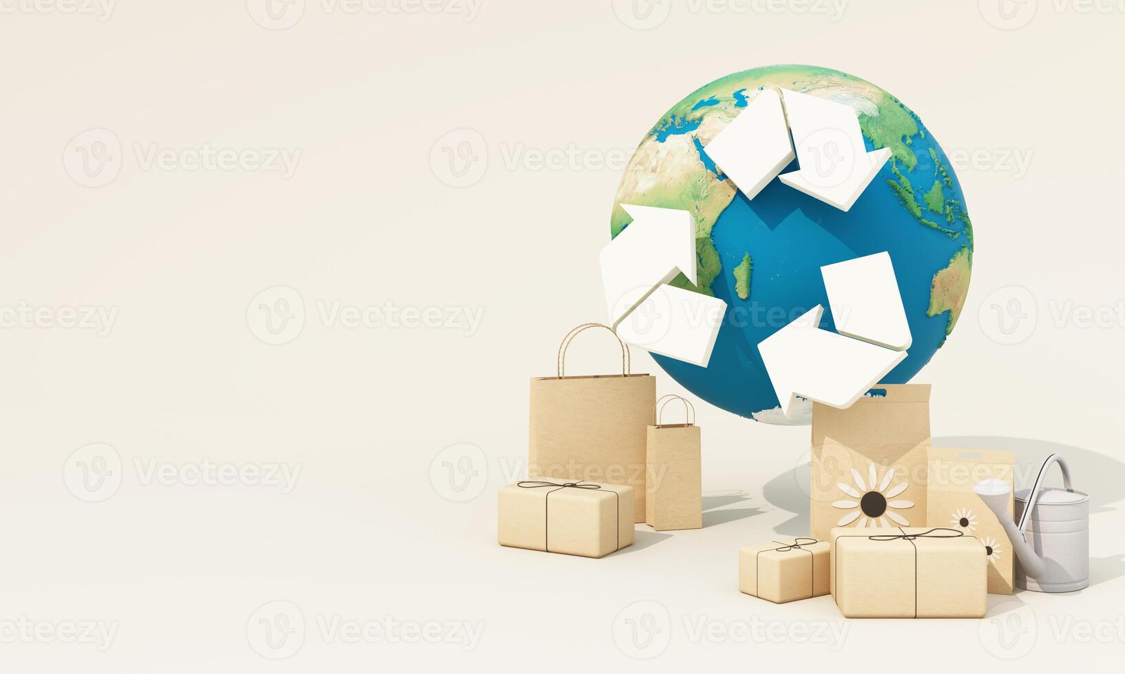 Earth with recycling arrows surrounded by eco-friendly packaging, emphasizing sustainable consumption and responsible waste management. 3d rendering. photo