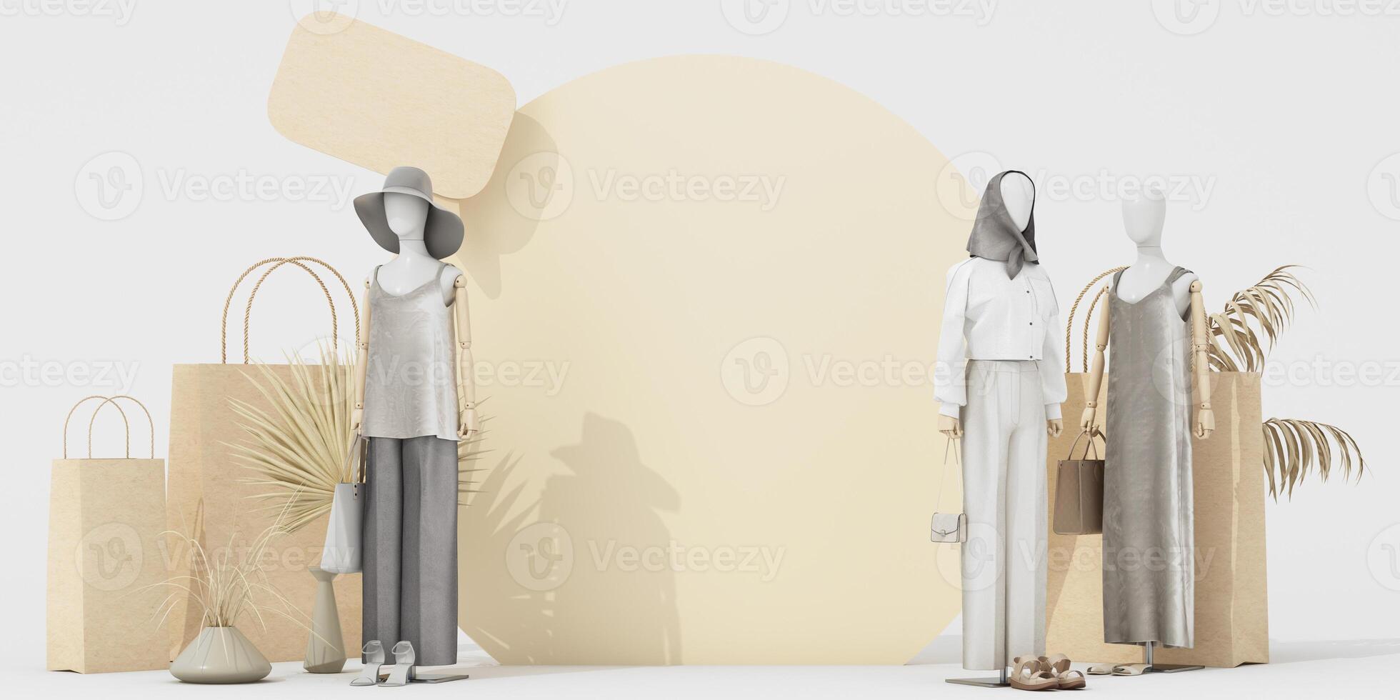 Minimalist fashion display with mannequins dressed in neutral tones, surrounded by eco-friendly shopping bags and dried plants, creating a serene and sustainable shopping concept. 3d rendering. photo