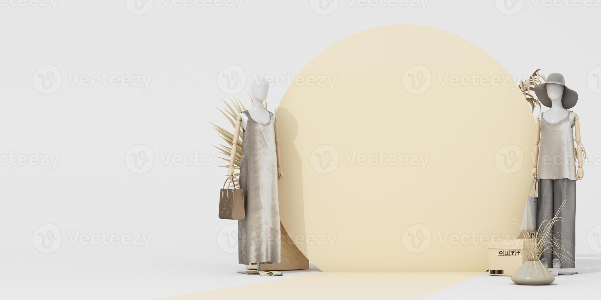 Minimalist fashion display with two mannequins in soft, neutral tones, accompanied by natural elements and eco-friendly packaging, emphasizing sustainable design. 3d rendering. photo