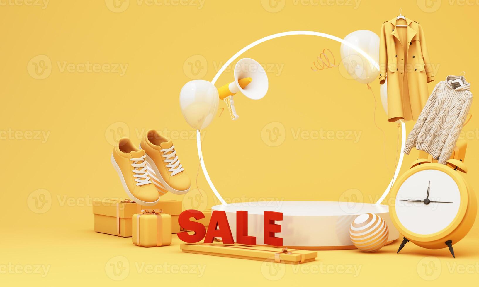 Floating fashion items and sale elements in a yellow-themed shopping concept. Shoes, coats, sweaters, and gifts surround a circular platform, highlighting a seasonal promotion. 3d rendering. photo