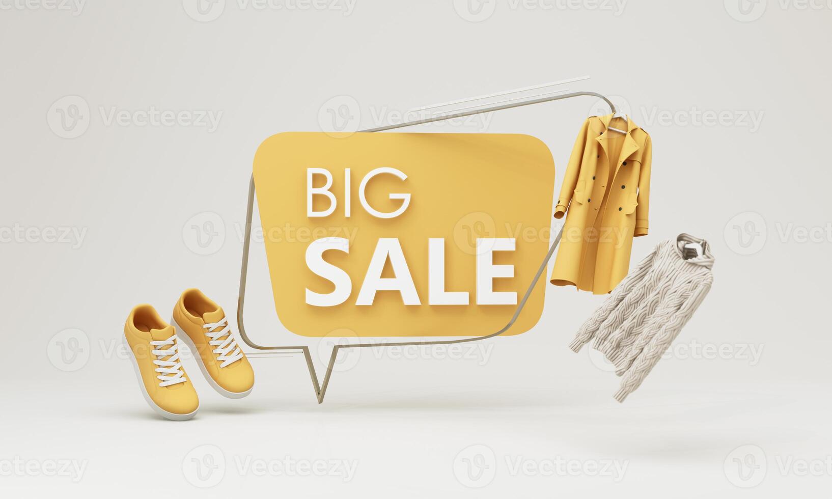 Elegant fashion sale ad with floating clothes, sneakers, and minimal typography. A sleek and modern shopping concept with a clean aesthetic for seasonal promotions. 3d rendering. photo