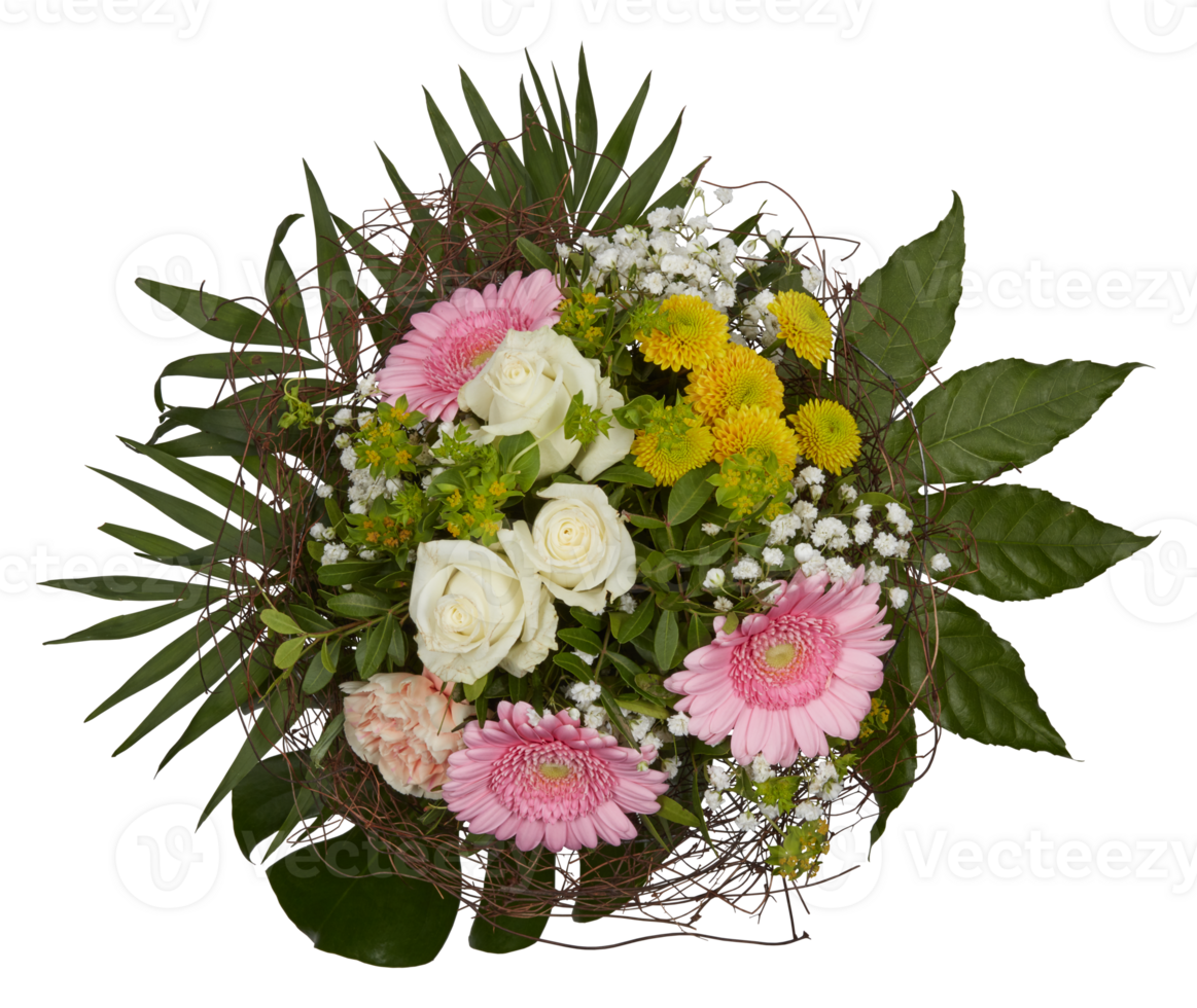 Bouquet of blooming roses top view white pink cut out isolated transparent background png