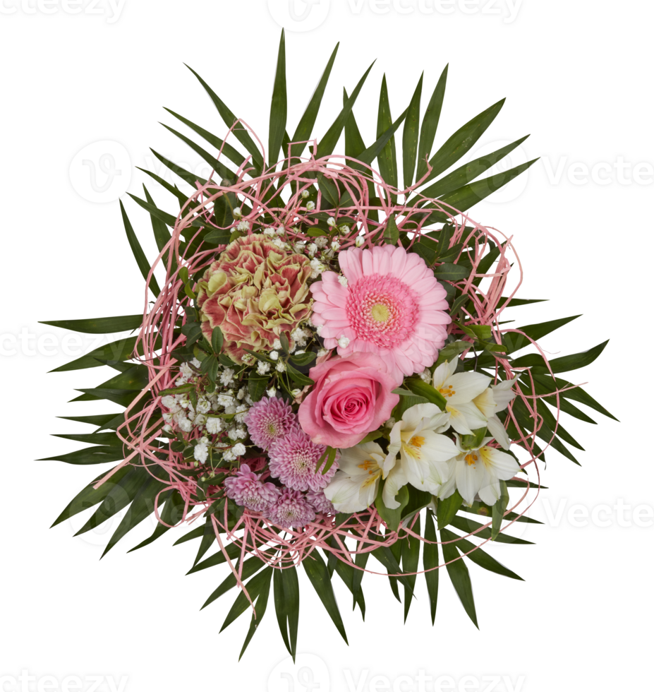 Top view of a bouquet of pink flowers with green leaves and spikes cut out isolated transparent background png