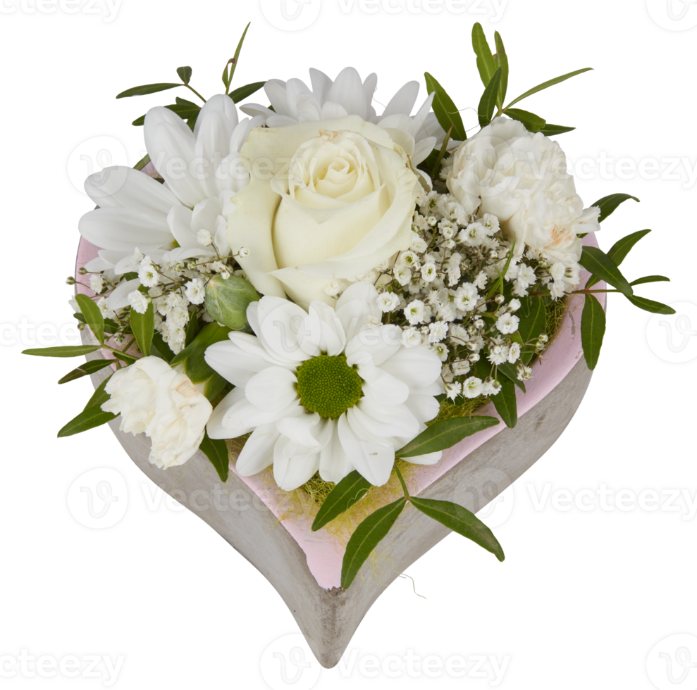 White roses in a heart-shaped vase cut out isolated transparent background png