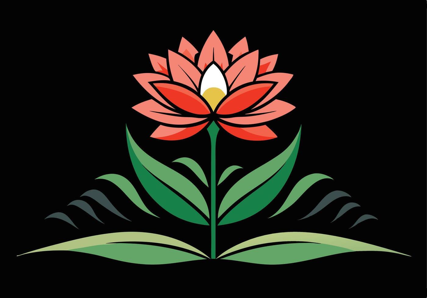 Stylized Red Flower, Green Leaves, Black Background, Floral Design vector