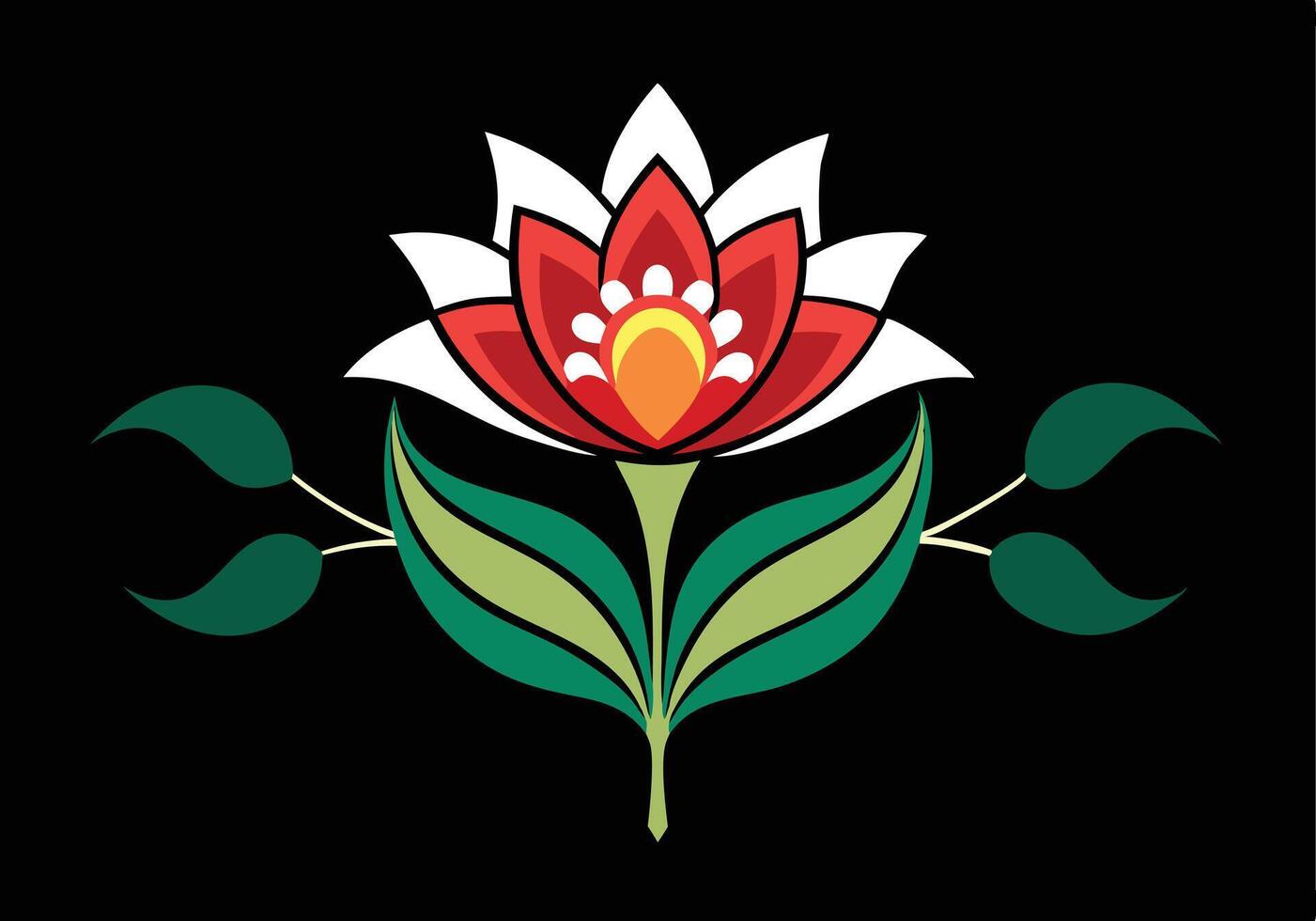 Red White Flower Design Art Folk Green Leaves Black Background vector