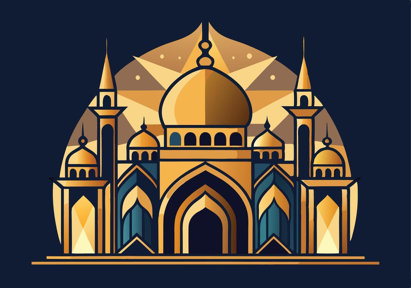 Majestic Golden Mosque Art Islamic Architecture, Ramadan, Eid vector
