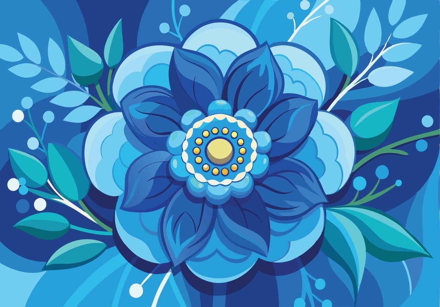 Blue Floral Design Abstract Flower, Leaves, and Swirls vector