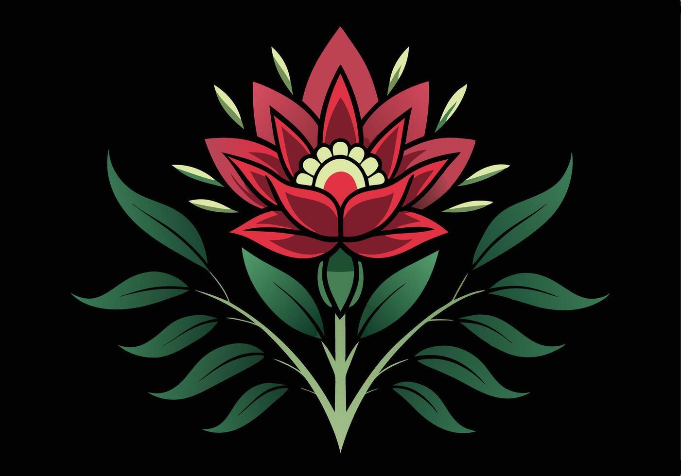 Stylized Floral Design Red Flower, Green Leaves, Black Background vector