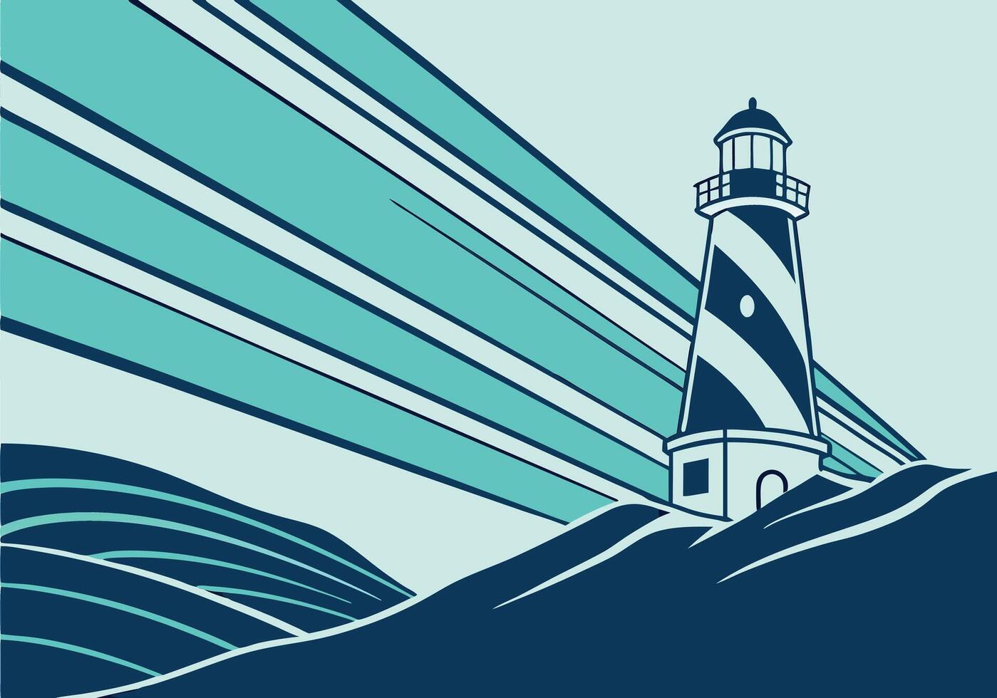 Coastal Lighthouse Beacon Waves Ocean Sky Stripes Graphic Art vector