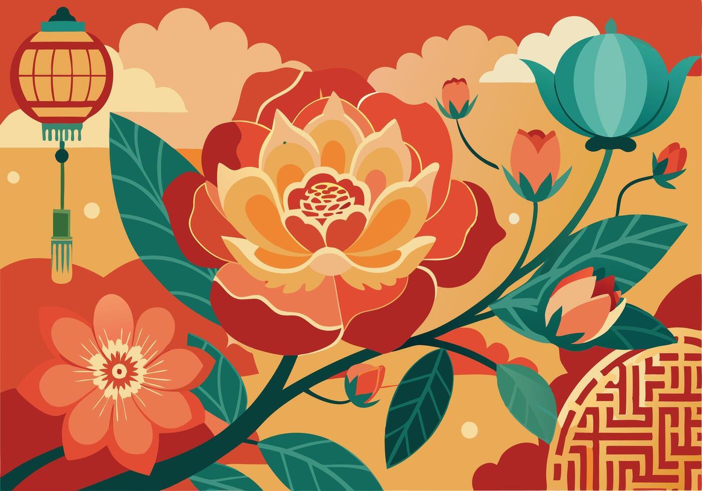 Floral Asian Lantern Blossom Design Art, Red Orange Yellow vector