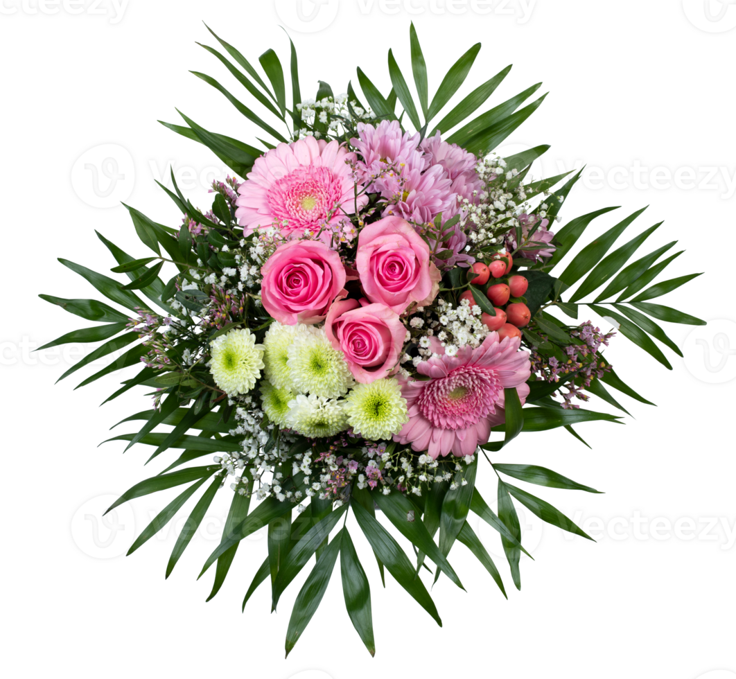 Pink top view blooming bouquet cut out isolated transparent background png