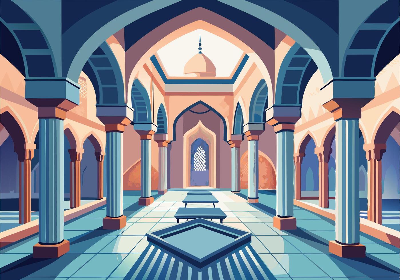 Islamic Architecture Grand Mosque Interior Columns, Arches, Dome vector