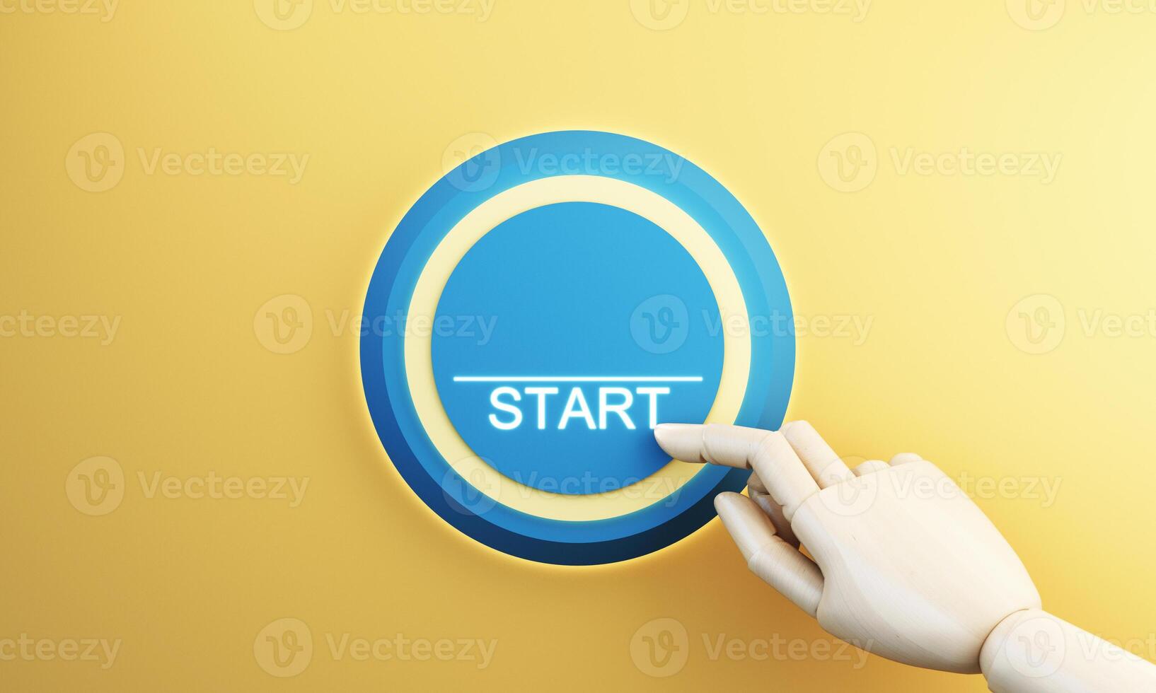 A wooden robotic hand presses a glowing blue Start button against a yellow background. This symbolizes new beginnings, technology, and taking action towards future goals. 3d rendering. photo