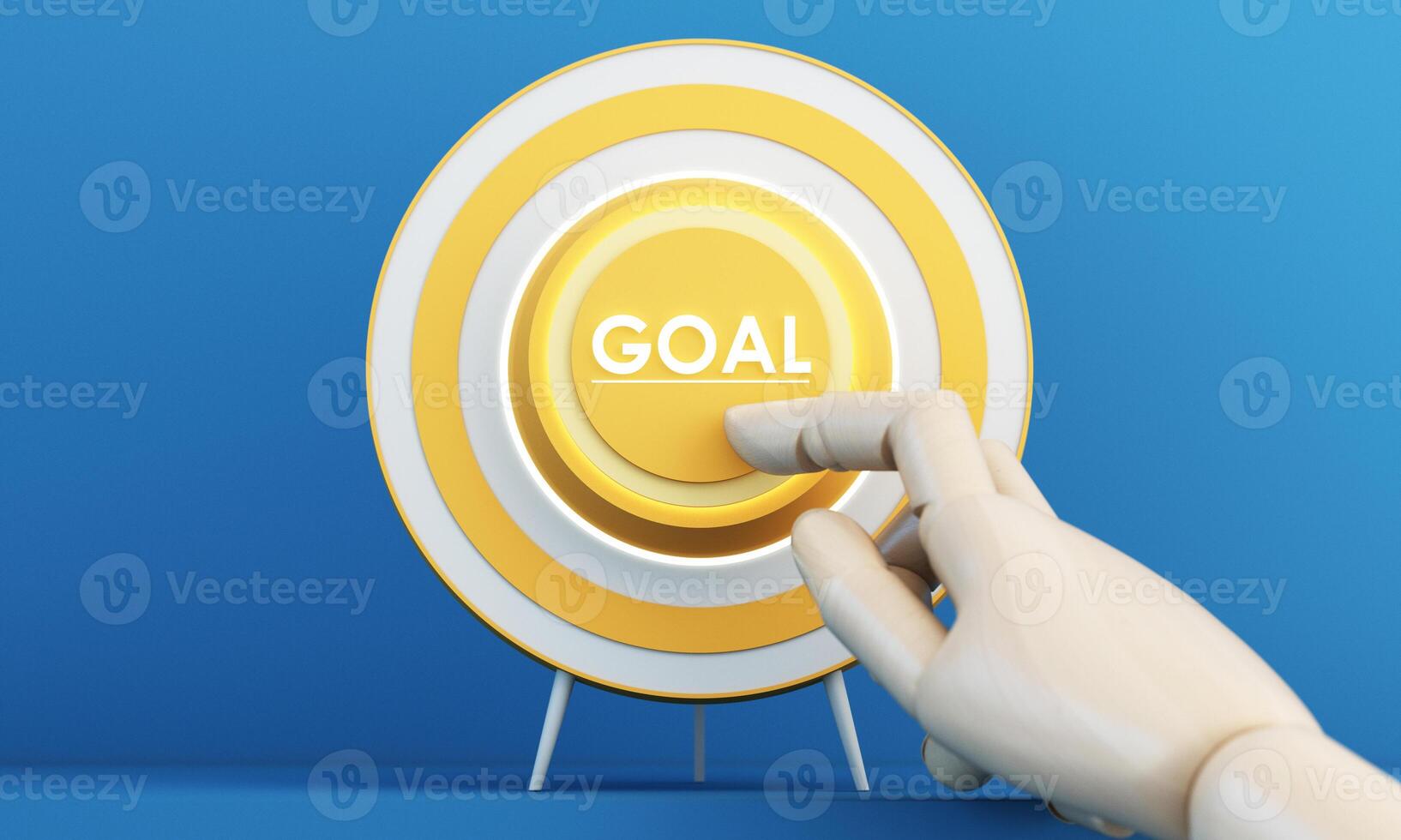 A wooden hand pressing the golden GOAL button on a bullseye target, symbolizing determination and achievement. The blue background enhances focus and clarity. 3d rendering. photo