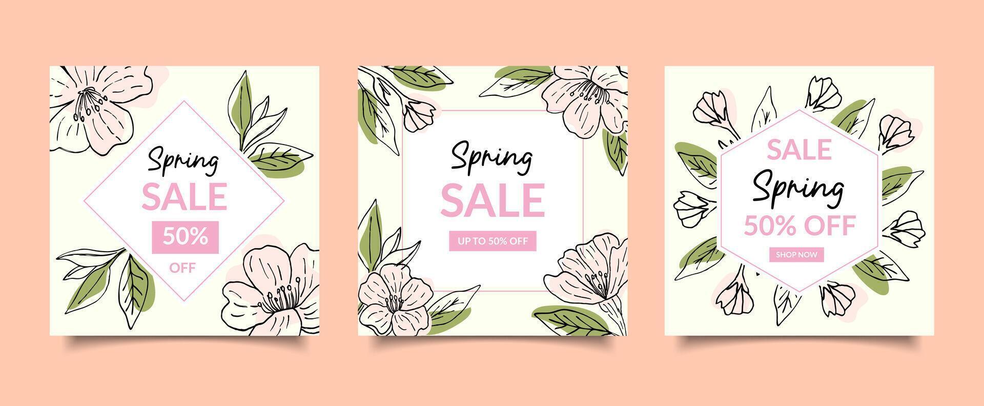 Spring cherry blossom template, seasonal sale. A set of square banners with flowers, leaves and branches in doodle style, a text frame. set for web design, flyers, brochures. vector