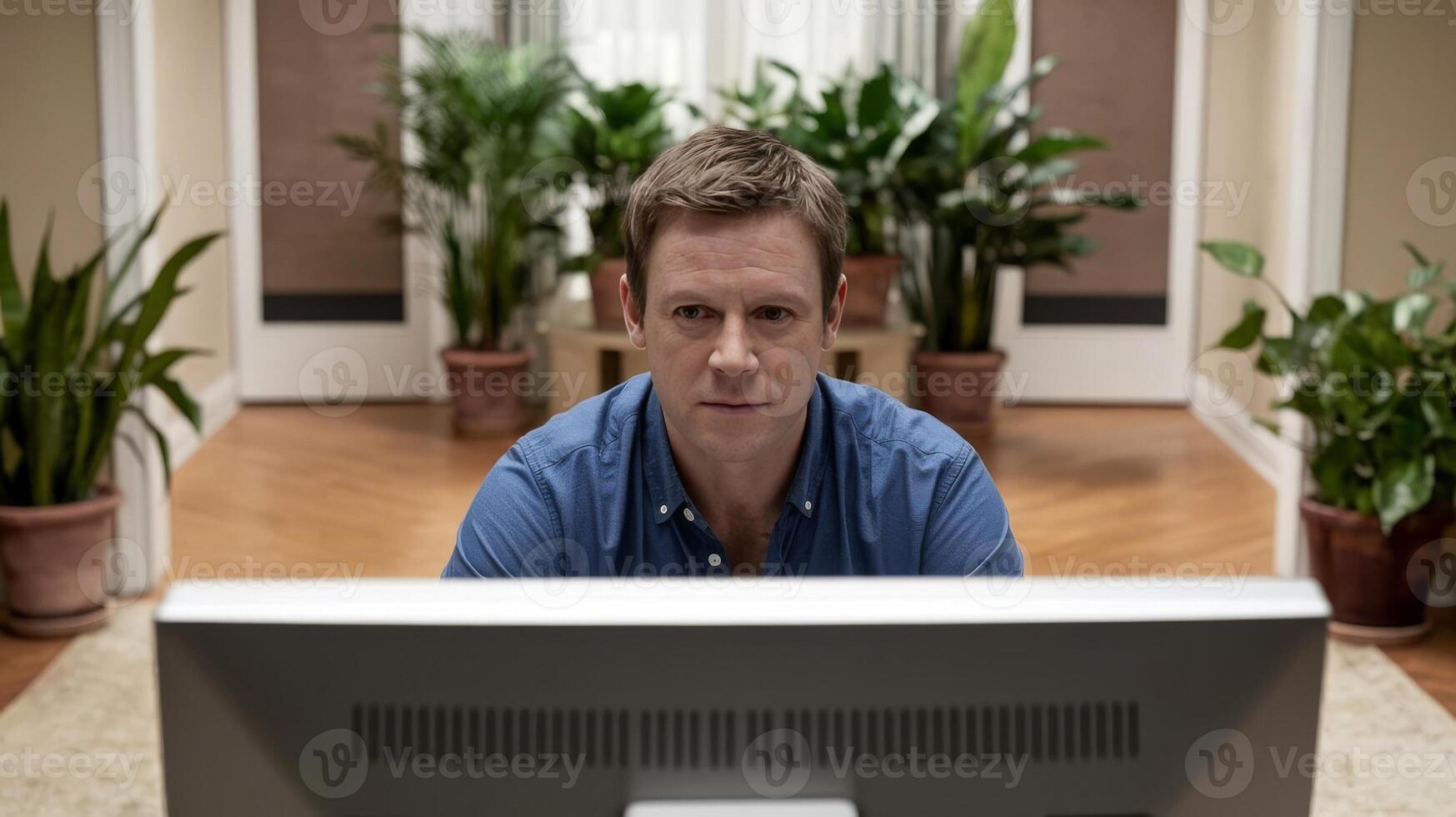 A man sitting in front of a computer screen photo
