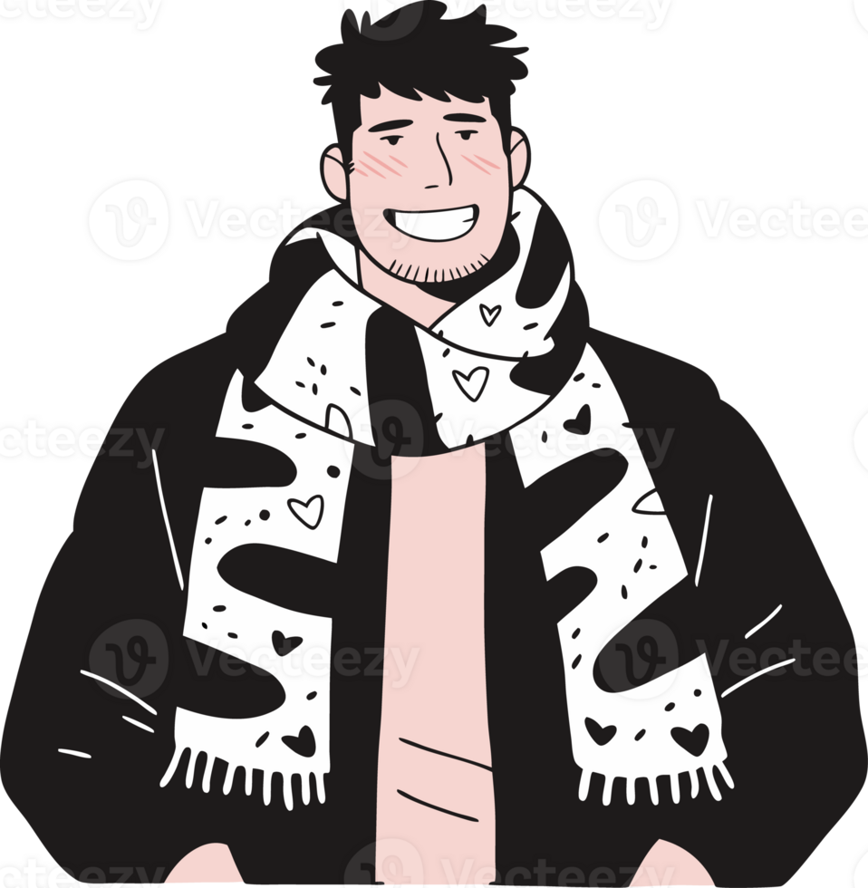 Smiling Cartoon Man with Heart-Patterned Scarf and Black Jacket png