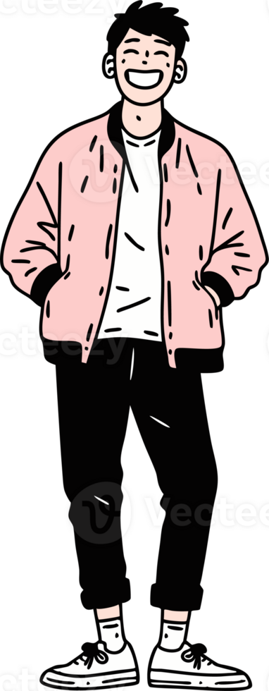 Smiling Man in Pink Jacket with Hands in Pockets - Fashionable Pose Illustration png