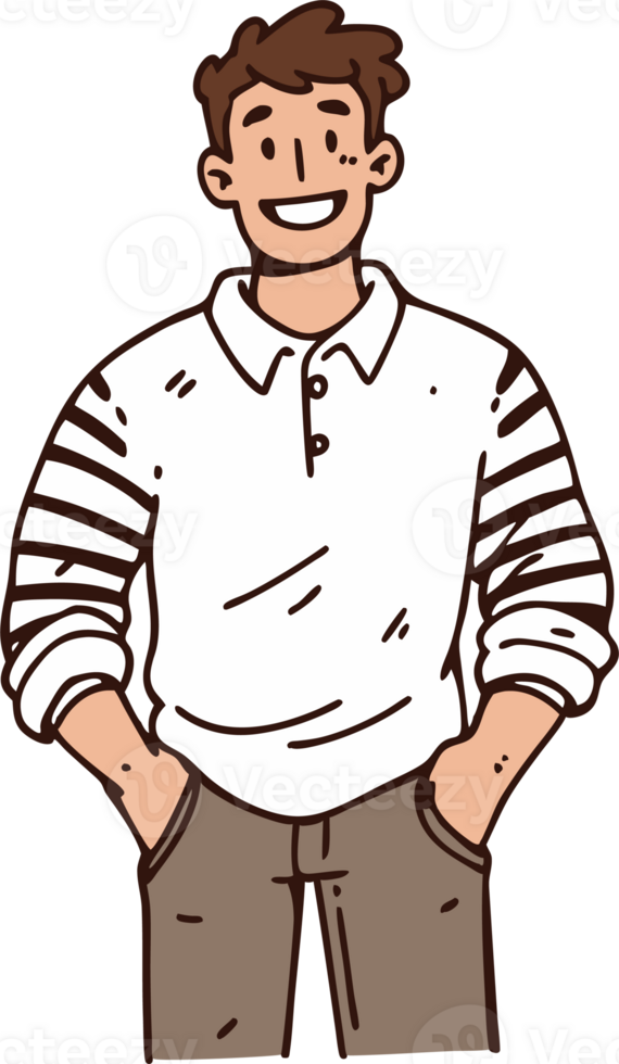 Smiling Man in Casual White Sweater with Hands in Pockets Cartoon Illustration png