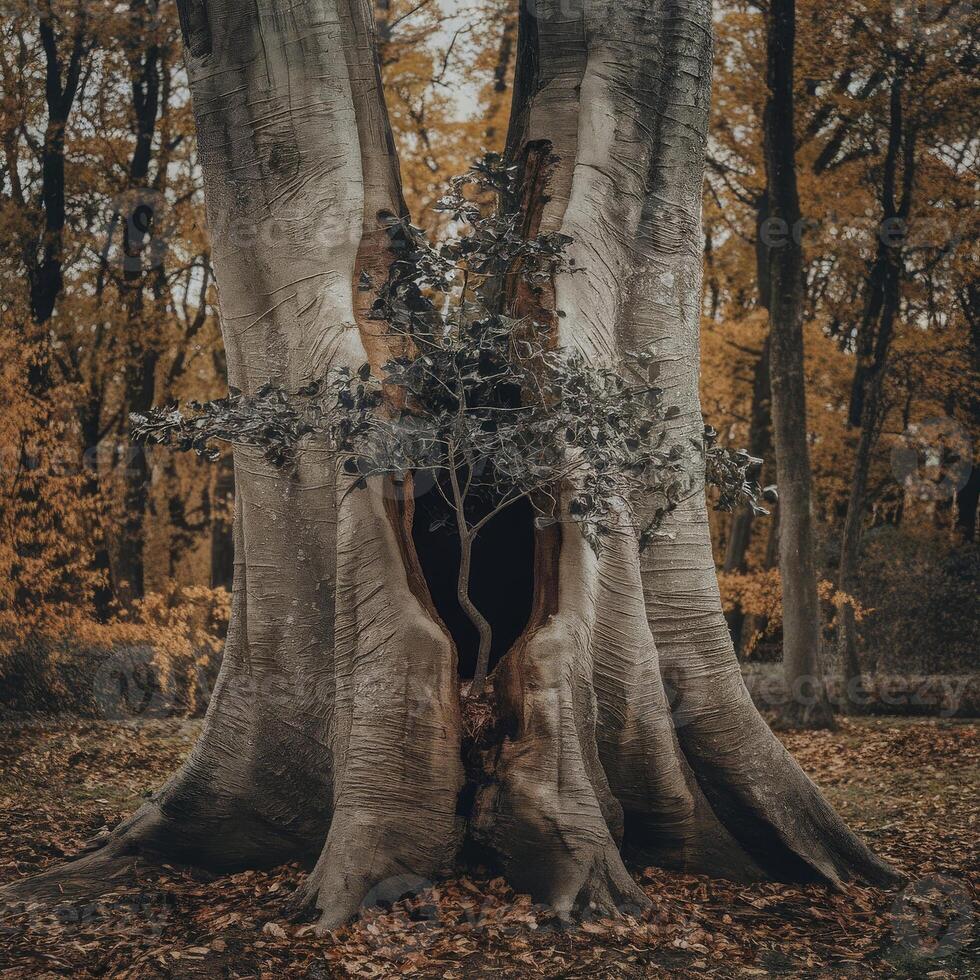 A tree is growing out of a hole in the trunk of a tree photo