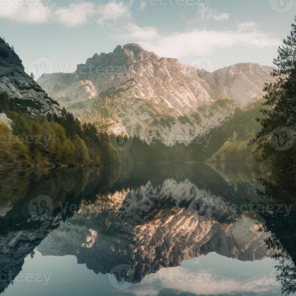 A mountain lake surrounded by trees and mountains photo