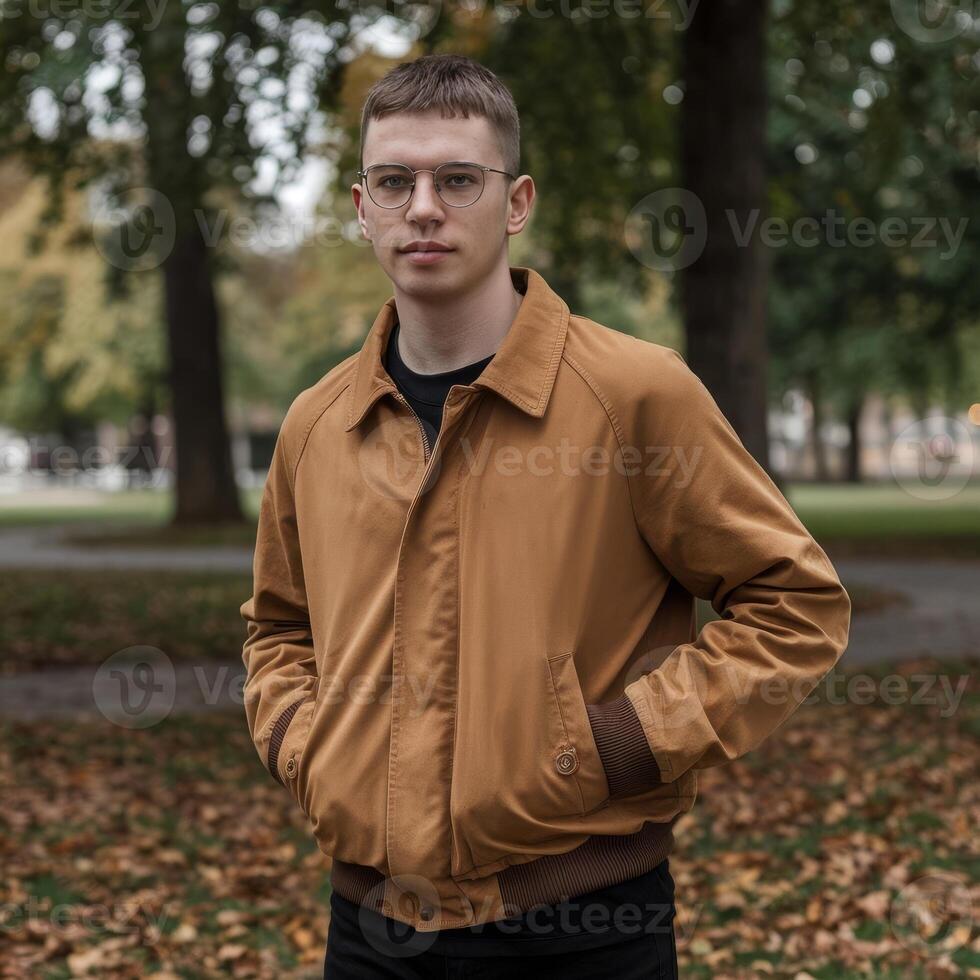 A man in a brown jacket standing in a park photo
